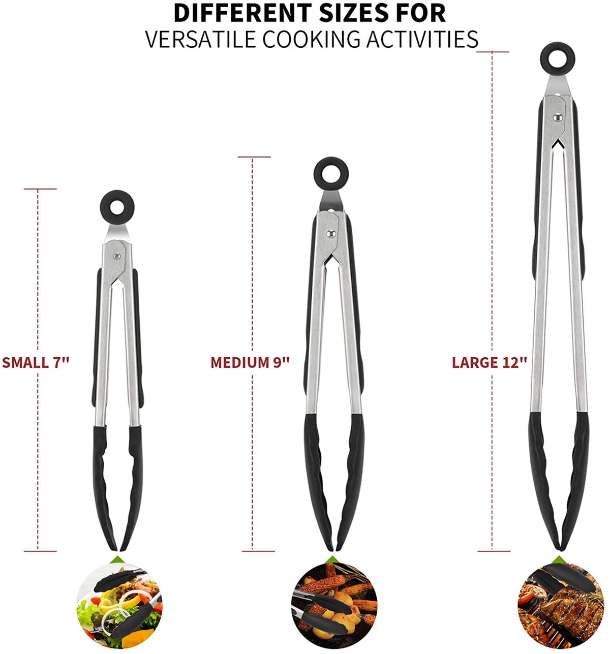 U-Taste 600ºF Heat-Resistant Kitchen Tongs for Cooking, Silicone Tong Utensils Set for Food Serving, Rubber Salad/Grill/BBQ Tongs, 7/9/12in, Black