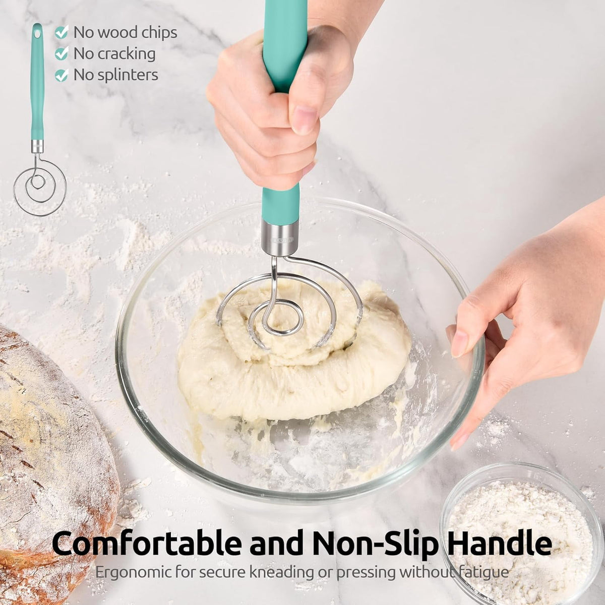 U-Taste Danish Dough Whisk, 18/8 Stainless Steel Sourdough Mixer Tool, Long Handle Dutch Bread Wisk for Mixing/Stirring/Kneading, 12.6in , Aqua Sky