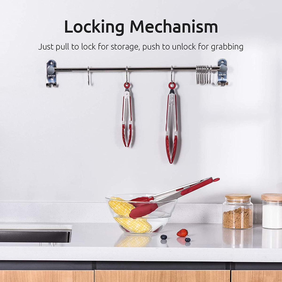 U-Taste 600ºF Heat-Resistant Kitchen Tongs for Cooking, Silicone Tong Utensils Set for Food Serving, Rubber Salad/Grill/BBQ Tongs, 7/9/12in, Red