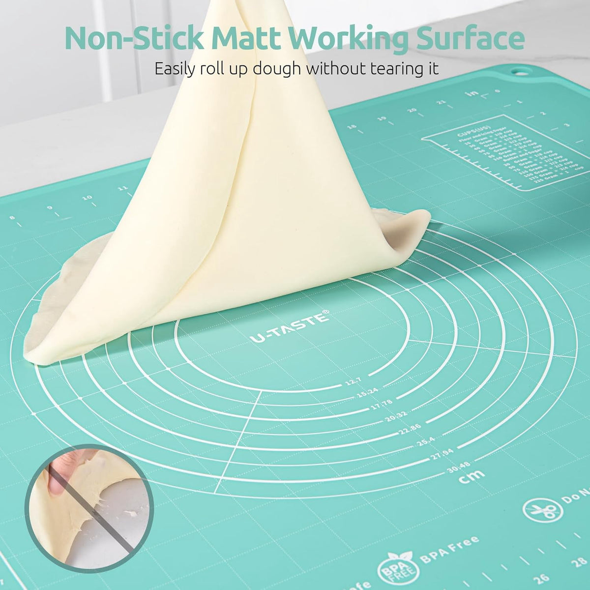 U-Taste 20"x16" Silicone Pastry Mat, Food Grade Dough Rolling Baking Sheet, Non Slip for Kneading Pizza Cookie Pie Crust, Clear Measurement, Aqua Sky