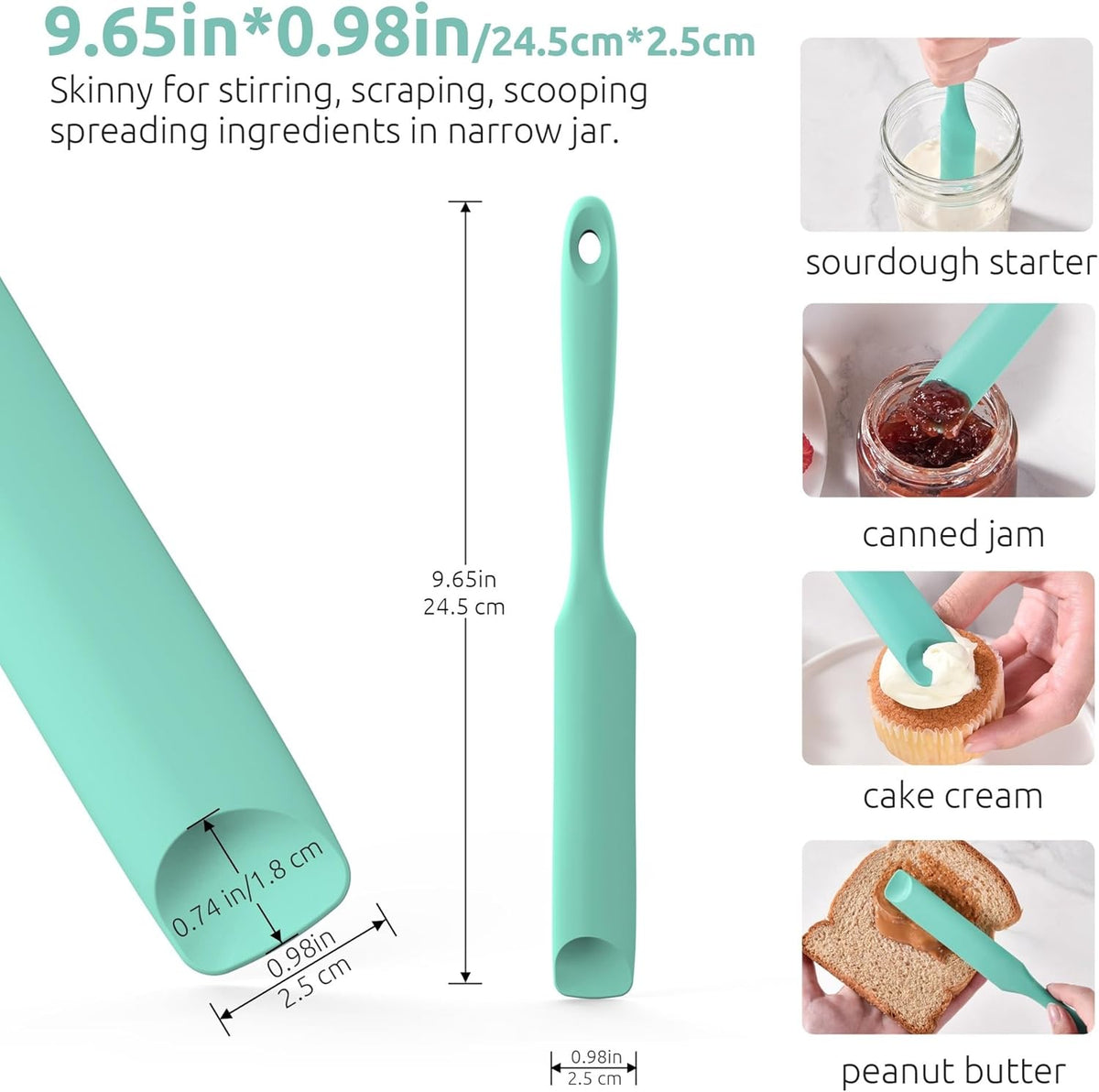 U-Taste Silicone Jar Spatula for Sourdough Starter: Long Skinny Food-Grade Jam Spreader, Sturdy Stirring Stick with Flexible Spoon Tip, Aqua Sky