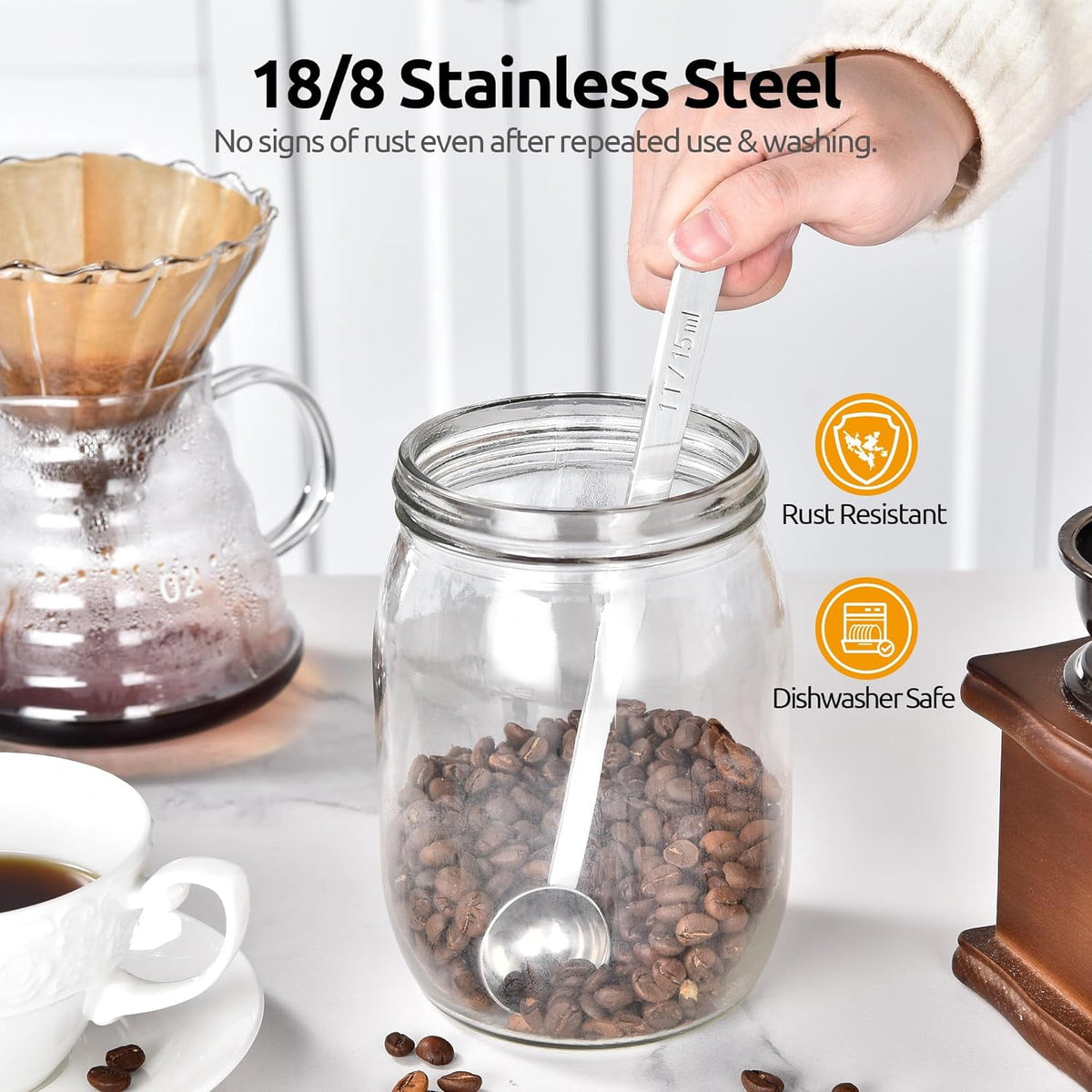 U-Taste Coffee Scoop 1 Tablespoon: 18/8 Stainless Steel Measuring Scooper for Ground Coffee Bean Espresso, 6.9in Extra Long Handle Metal Meaure Spoon