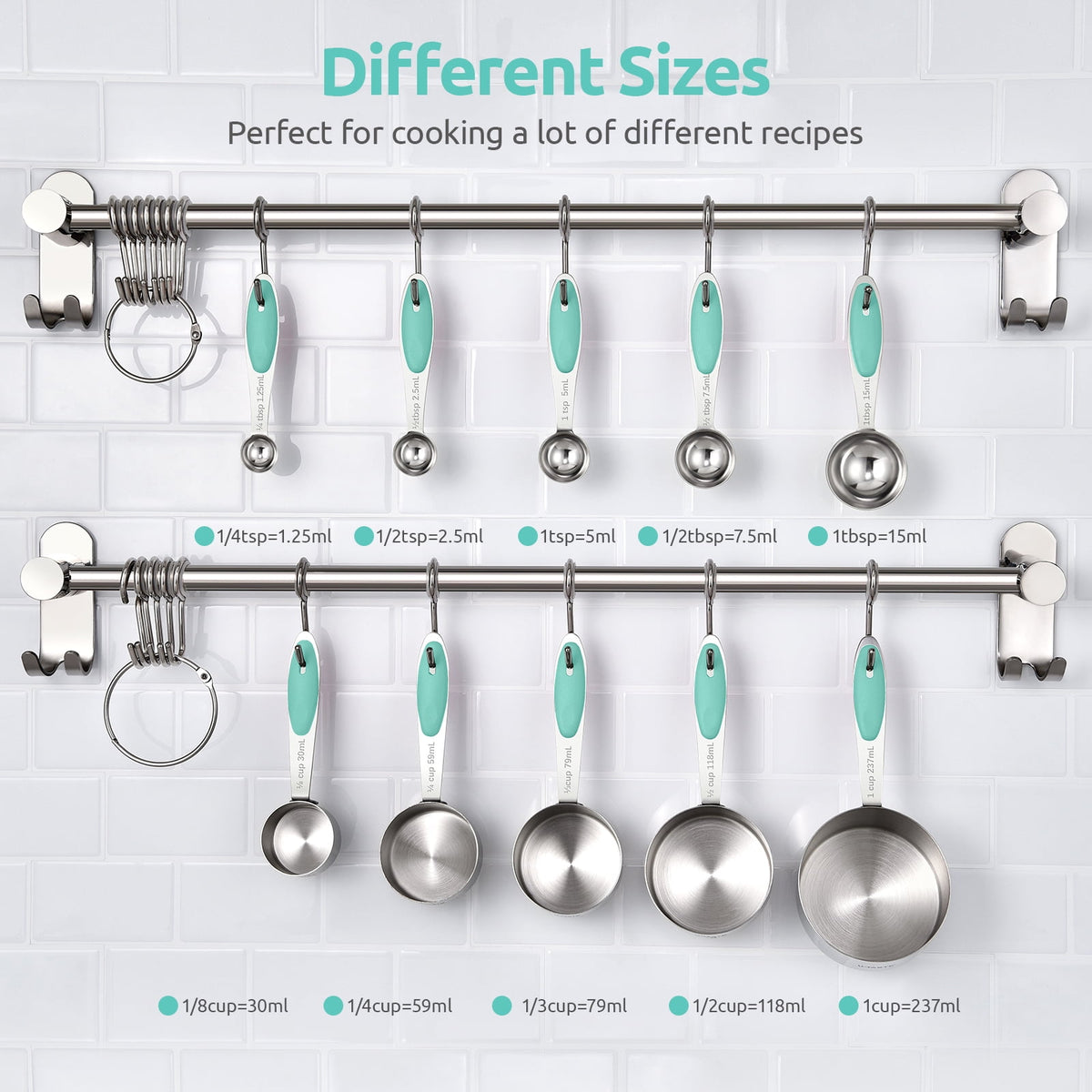 U-Taste 18/8 Stainless Steel Measuring Cups and Spoons Set, Metal Stacking Measure Set for Baking Cooking, Reinforced Welded Joints, 10Pcs, Aqua Sky