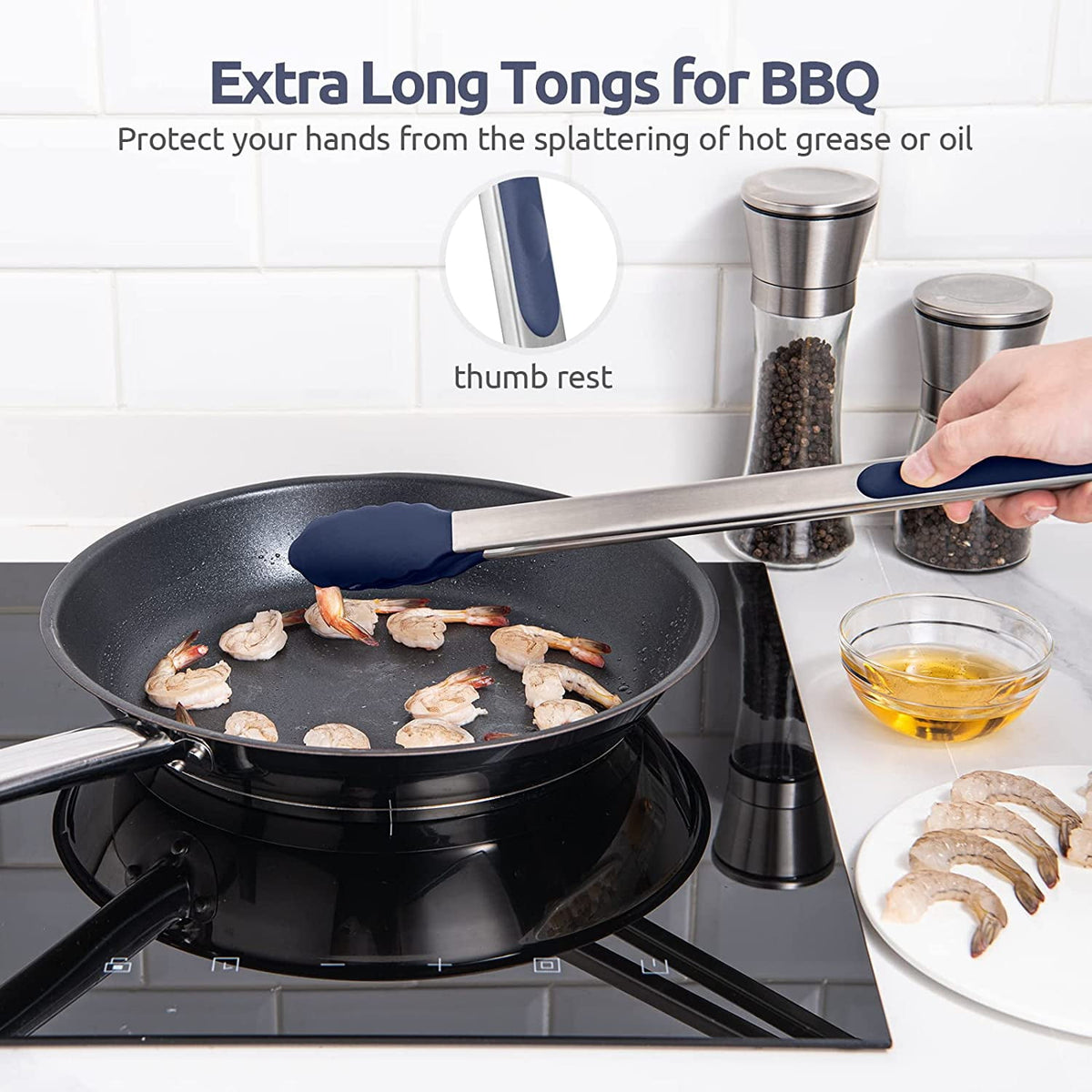 U-Taste Kitchen Tong for Cooking, 600ºF Heat-Resistant Silicone Tips, Extra Long Large Food Tong for Outdoor BBQ Grilling Grabbing, 16in/Midnight Blue