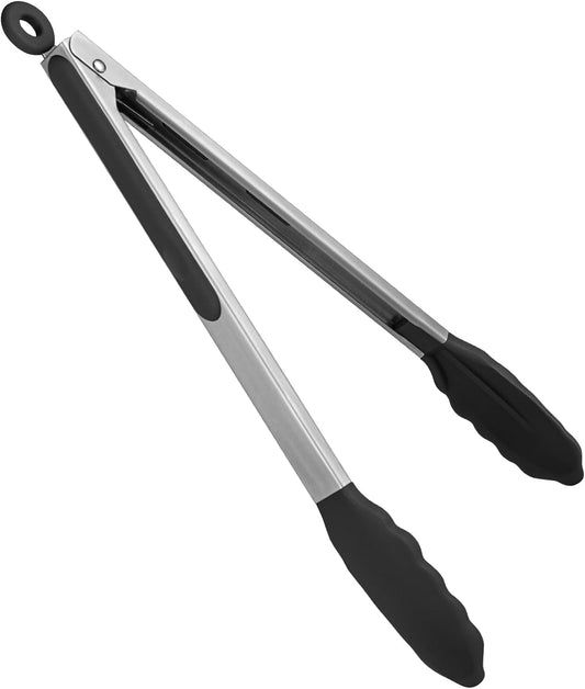 U-Taste Kitchen Tong for Cooking, 480ºF Heat-Resistant Non Stick Silicone Tips, Long Large Rubber Food Tong for Serving Grilling BBQ, 12in, Black