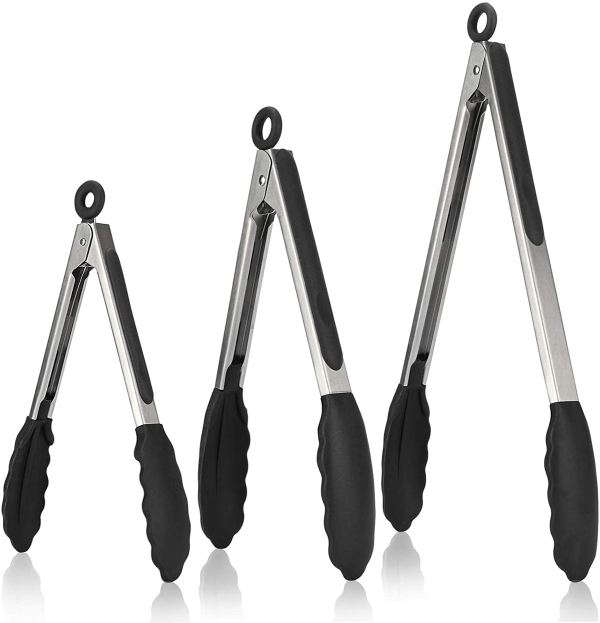 U-Taste 480ºF Heat-Resistant Kitchen Tongs for Cooking, Silicone Tong Utensils Set for Food Serving, Rubber Salad/Grill/BBQ Tongs, 7/9/12in, Black