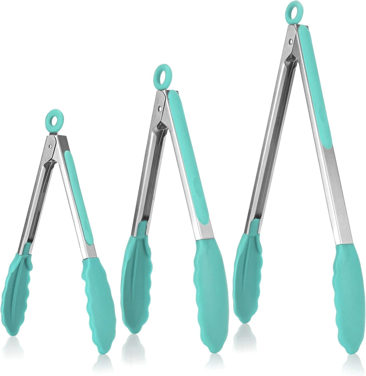 U-Taste 480ºF Heat-Resistant Kitchen Tongs for Cooking, Silicone Tong Utensils Set for Food Serving, Rubber Salad/Grill/BBQ Tongs, 7/9/12in, Aqua Sky