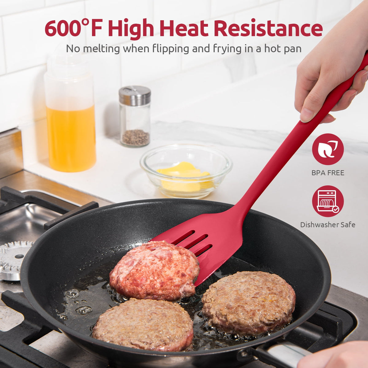 600°F Heat Resistant Slotted Turner: U-Taste 13.6in Silicone Kitchen Spatula Flipper, 3.85in Wide BPA Free Flexible Thin Rubber Cooking Utensil for Egg, Pancake, Cookie in Nonstick Cookware (Red)