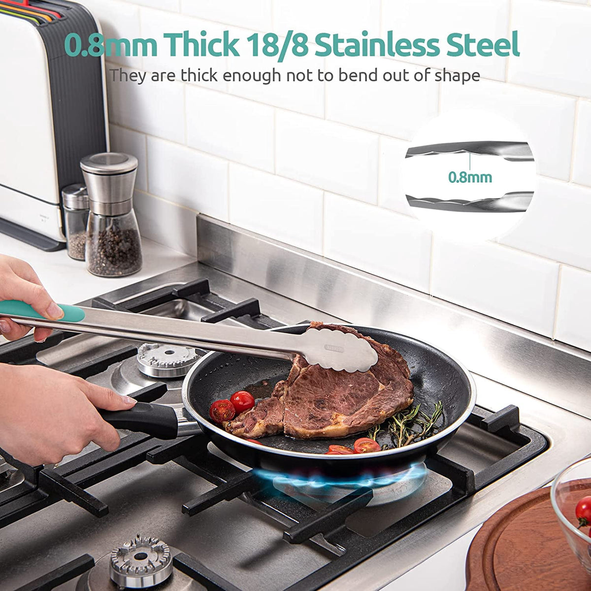 U-Taste 18/8 Stainless Steel Kitchen Tong for Cooking, Extra Long Large Food Tong for Outdoor BBQ Grilling, Non Slip Silicone Handle, 16in, Aqua Sky