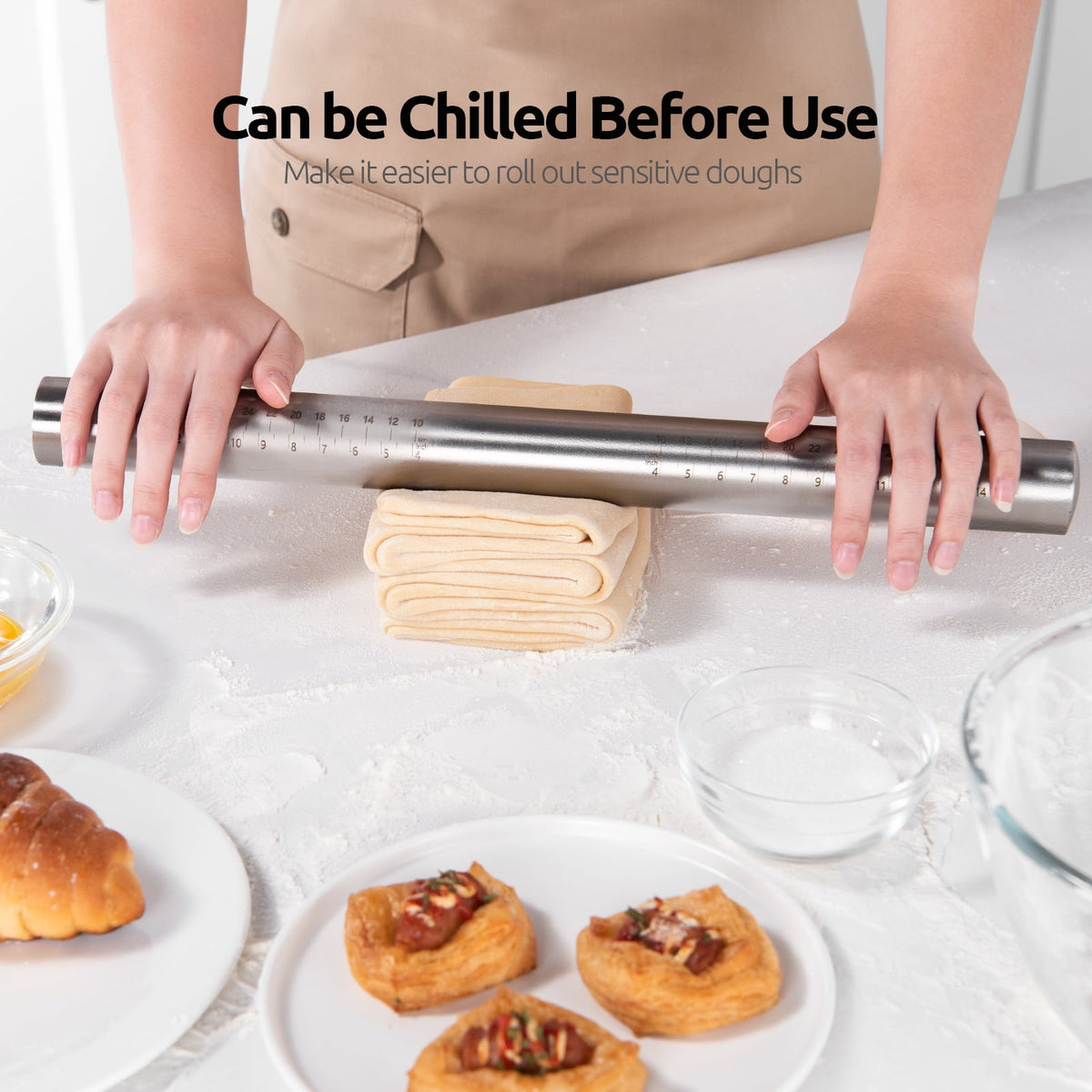 U-Taste Adjustable Rolling Pin, 18/8 Stainless Steel Fondant Roller for Pastry Cookie Pizza, 16in Dough Roller Pin with Silicone Removable Rings