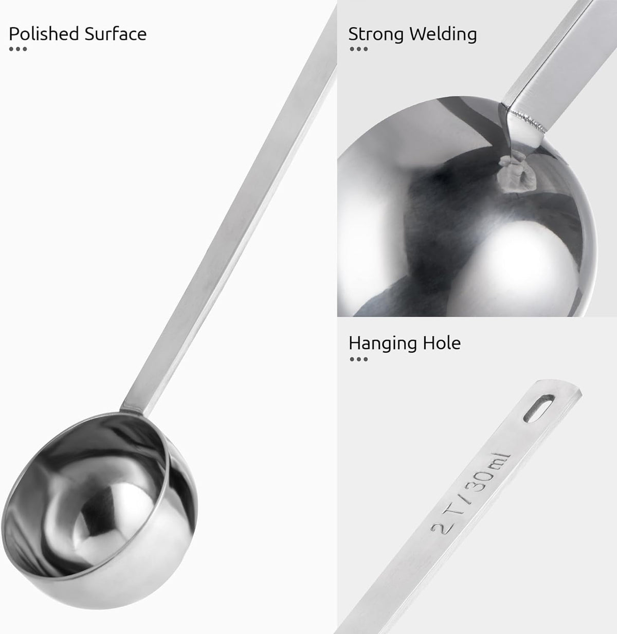 U-Taste Coffee Scoop 1 & 2 Tablespoon: 18/8 Stainless Steel Measuring Scooper for Ground Coffee, Bean, Powder, Espresso, 8.5in Long Handle Metal Meaure Spoon for Canister, Jar (15ml+30ml, Silver)