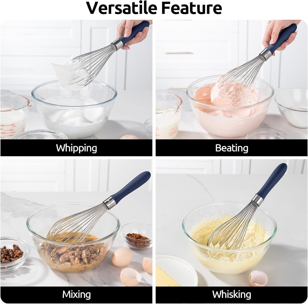 U-Taste Kitchen Wire Whisk for Cooking, 18/10 Stainless Steel Egg Beater with 12 Wires, Baking Tool for Whisking Mixing Stirring, L, Midnight Blue