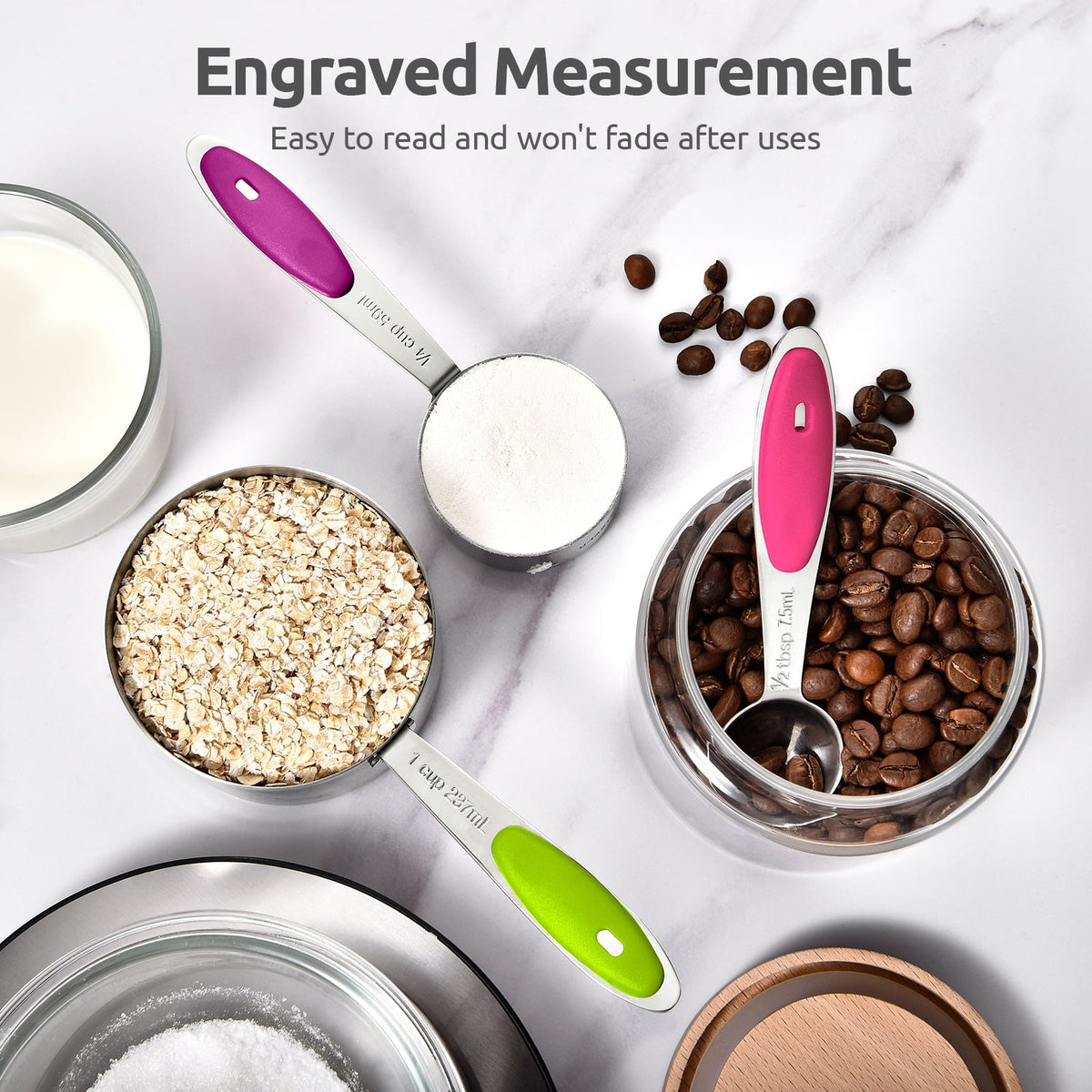 U-Taste 18/8 Stainless Steel Measuring Cups and Spoons Set, Metal Stacking Measure Set for Baking Cooking, Reinforced Welded Joints, 12Pcs, Multicolor