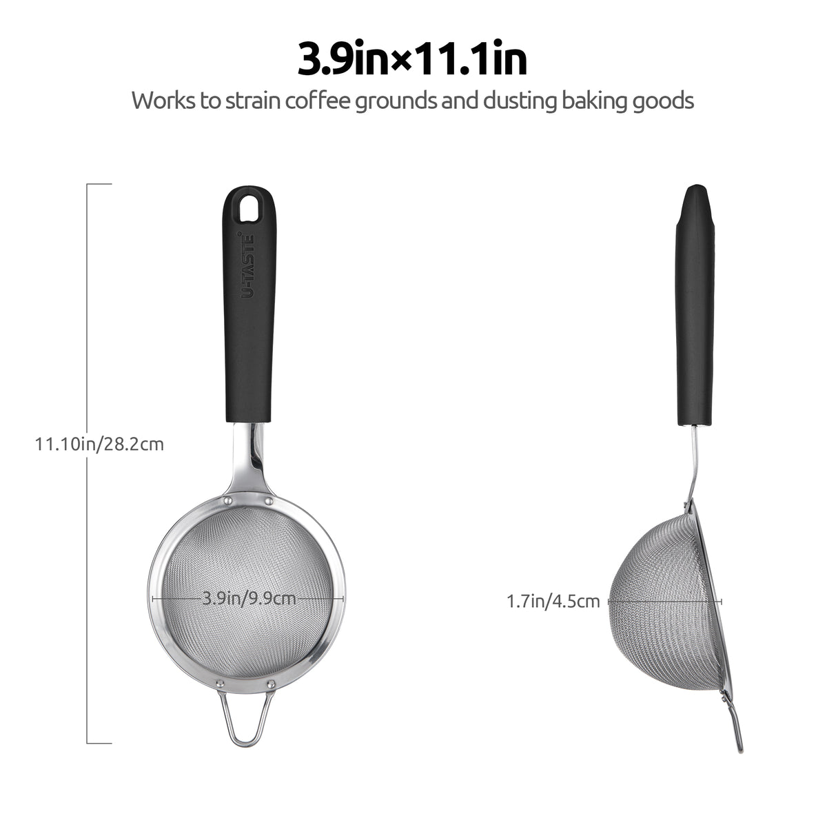 U-Taste 18/8 Stainless Steel Mesh Strainer, 30 Mesh Fine Sieve Food Strainer, Kitchen Colander for Straining Quinoa/Flour/Pasta/Fruit, 3.9in, Black