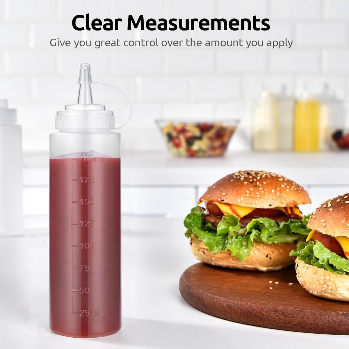 U-Taste 8oz Condiment Squeeze Bottles: Sauce Bottles with Twist on Caps and Measurement, Leakproof Squirt Reusable Plastic Oil Container Dispenser for Ketchup, BBQ, Salad, Dressing (Pack of 6)