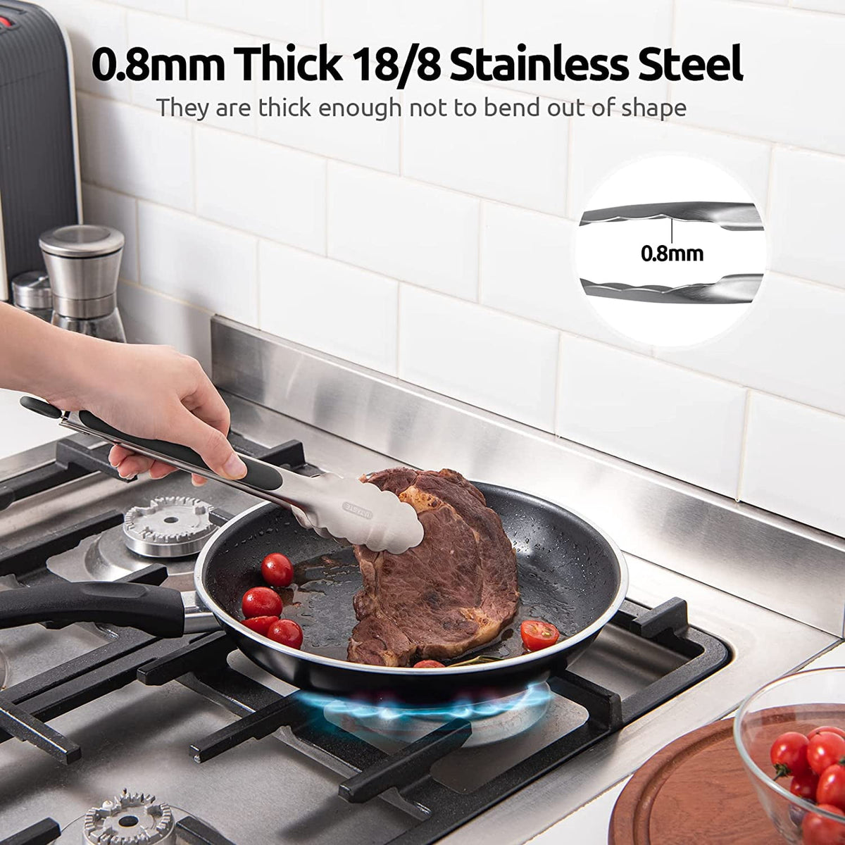 U-Taste 18/8 Stainless Steel Kitchen Tong for Cooking, Metal Tong Utensils Set for Food Serving, Rubber Salad/Grill/BBQ Tongs, 7/9/12in, Black