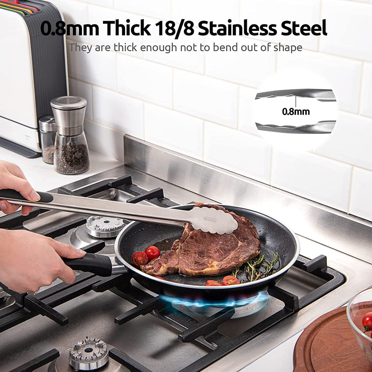 U-Taste 18/8 Stainless Steel Kitchen Tong for Cooking, Extra Long Large Food Tong for Outdoor BBQ Grilling, Non Slip Silicone Handle, 16in, Black
