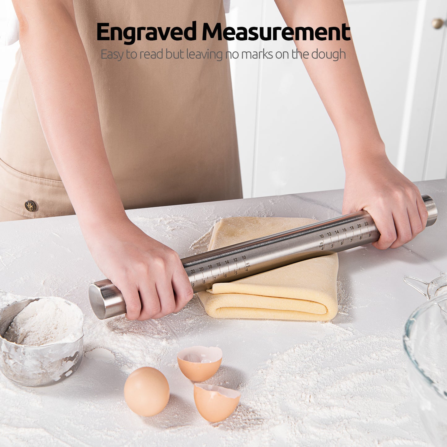 16 inch Adjustable Rolling Pin in 18/8 Stainless Steel with Silicone Removable Thickness Rings