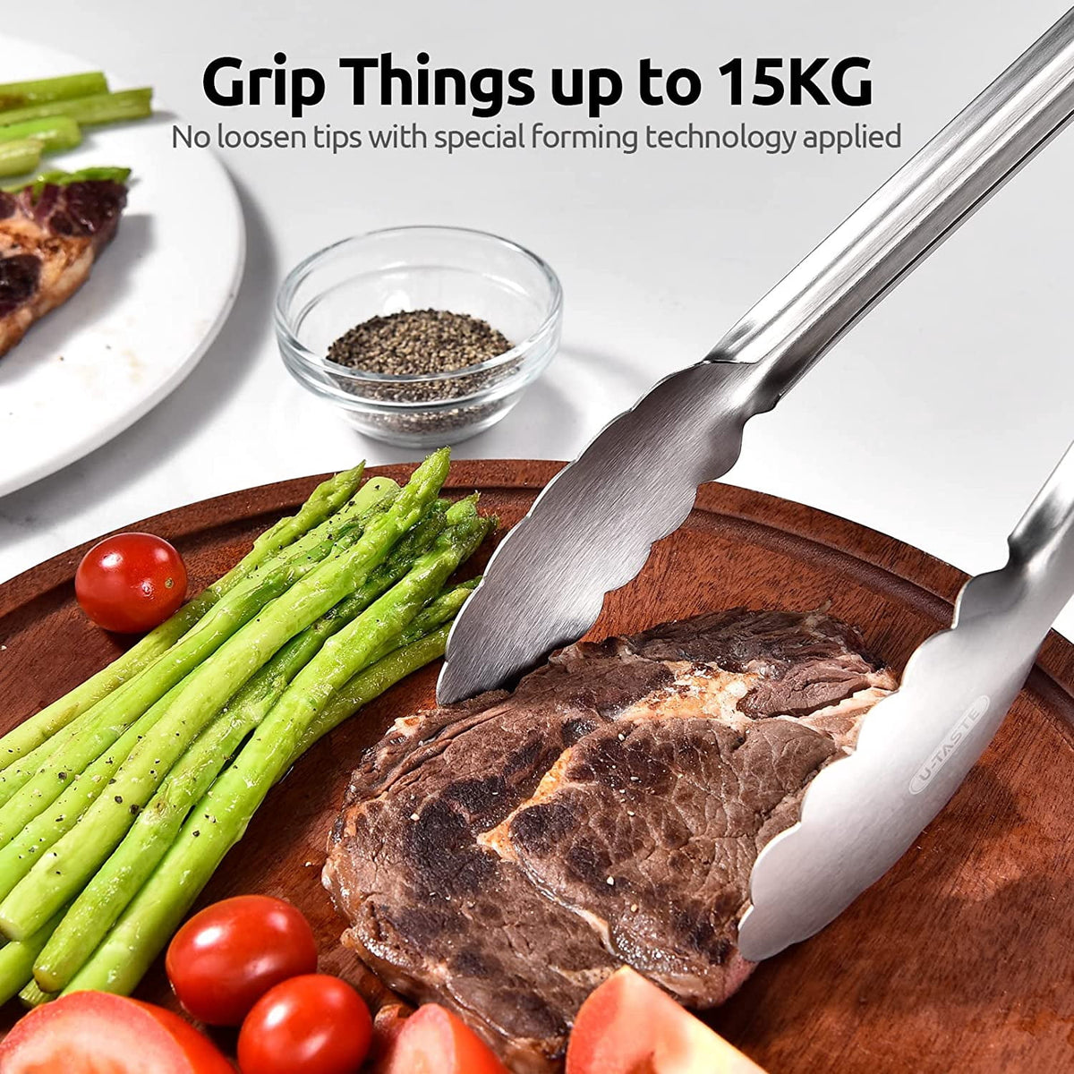 U-Taste 18/8 Stainless Steel Kitchen Tong for Cooking, Extra Long Large Food Tong for Outdoor BBQ Grilling, Non Slip Silicone Handle, 16in, Black