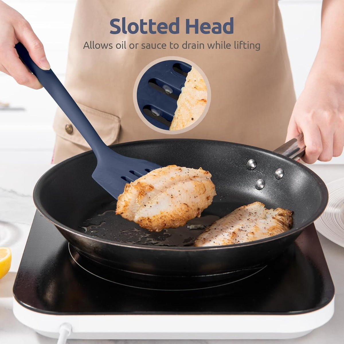 U-Taste 600°F Heat Resistant Silicone Turner Spatula Set of 2, Kitchen Cooking Utensils for Flipping Egg Pancake, 13.6" Long/3.7" Wide, Midnight Blue