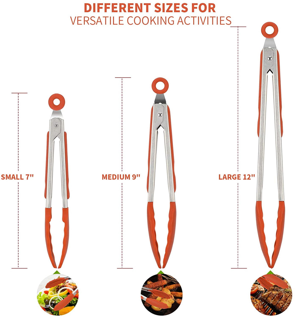 U-Taste 600ºF Heat-Resistant Kitchen Tongs for Cooking, Silicone Tong Utensils Set for Food Serving, Rubber Salad/Grill/BBQ Tongs, 7/9/12in, Orange