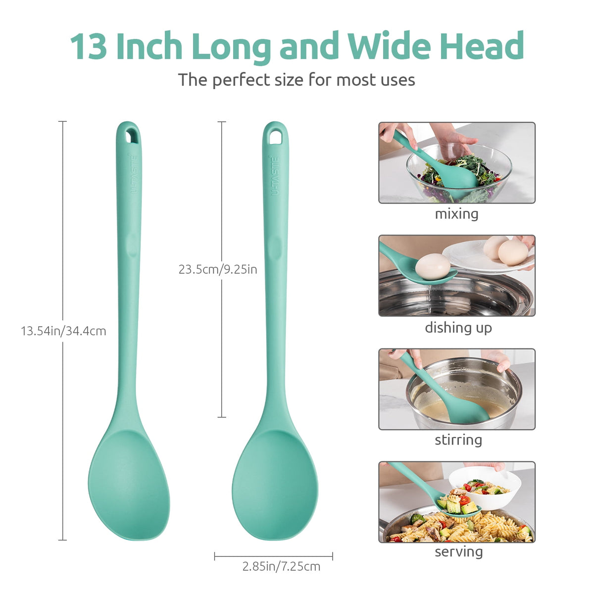 600°F Heat Resistant Silicone Spoon: U-Taste 13.6in Solid Kitchen Cooking Spoon, Nonstick BPA Free Large & Long Soup Rubber Utensil for Mixing, Serving, Stirring, Basting, for Pot Cookware (Aqua Sky)