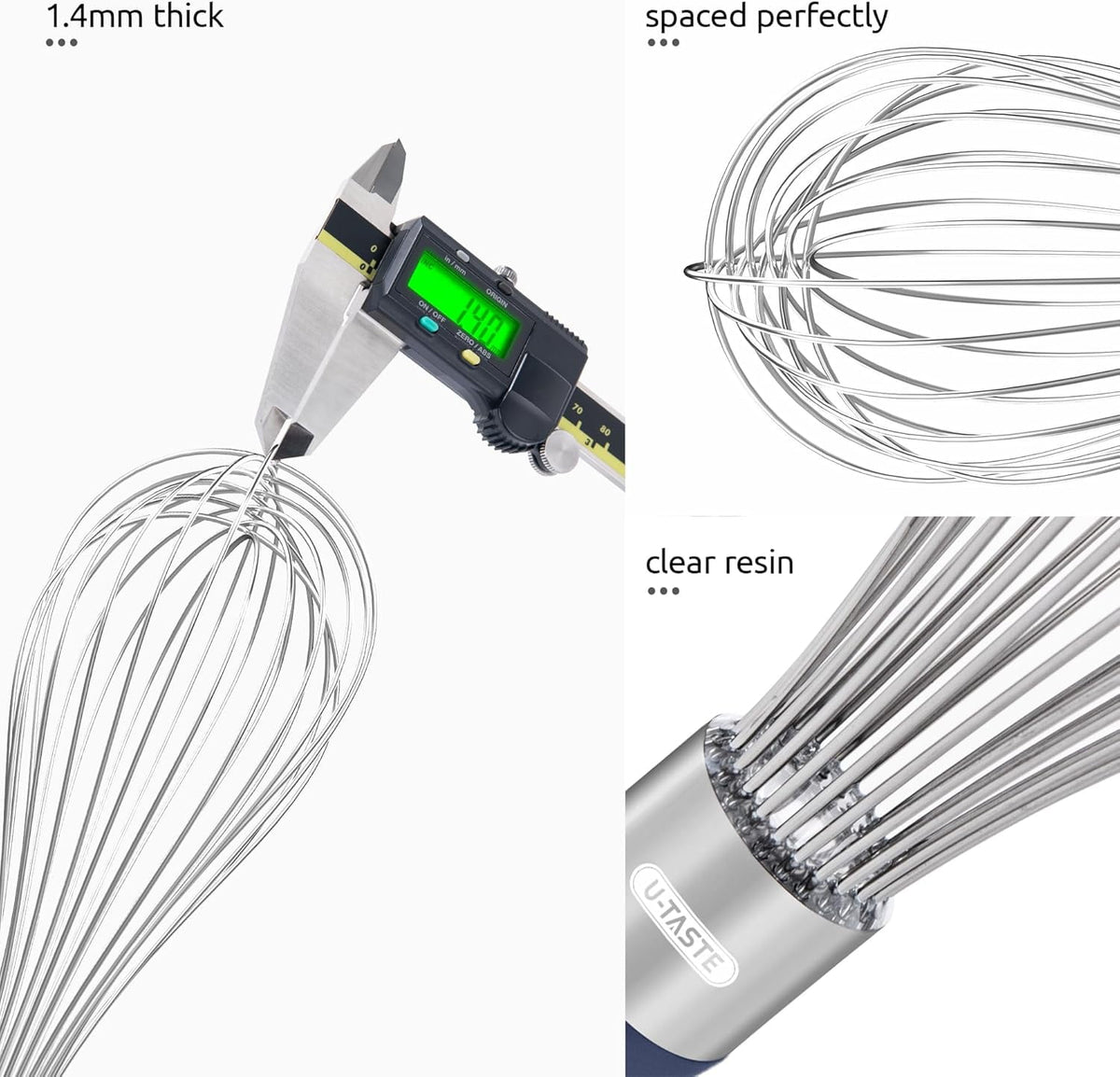 U-Taste Kitchen Wire Whisk for Cooking, 18/10 Stainless Steel Egg Beater with 12 Wires, Baking Tool for Whisking Mixing Stirring, L, Midnight Blue