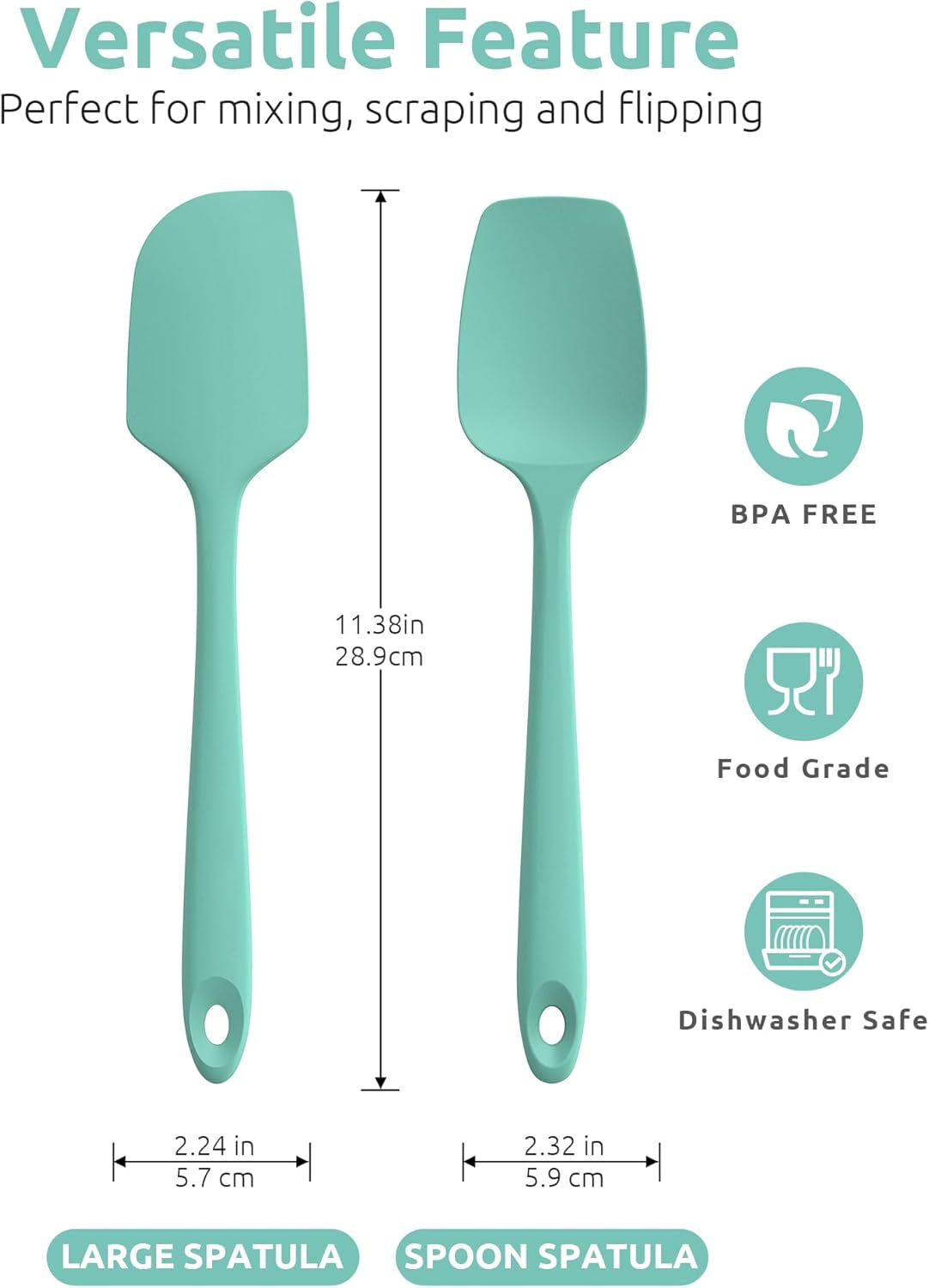 U-Taste Flat Spatula & Spoon Spatula: 11.38in 600°F Heat Resistant Silicone Bowl Scraper, Flexible Rubber Kitchen Cooking Mixing Utensil with Upgraded Non-Stick Surface (Set of 2, Aqua Sky)