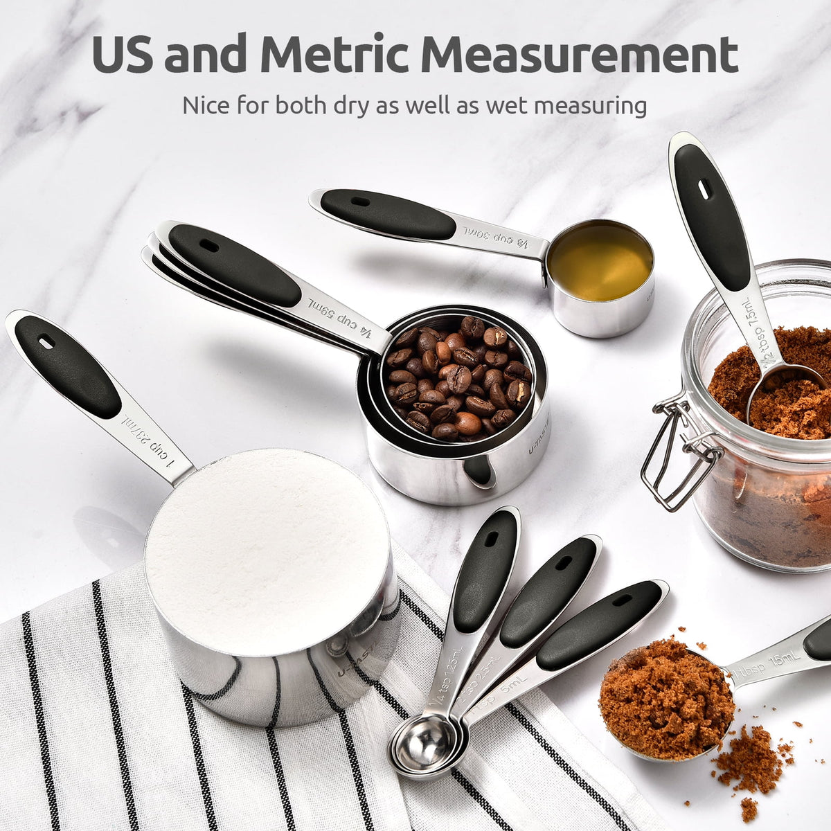 U-Taste 18/8 Stainless Steel Measuring Cups and Spoons Set, Metal Stacking Measure Set for Baking Cooking, Reinforced Welded Joints, 10Pcs, Black