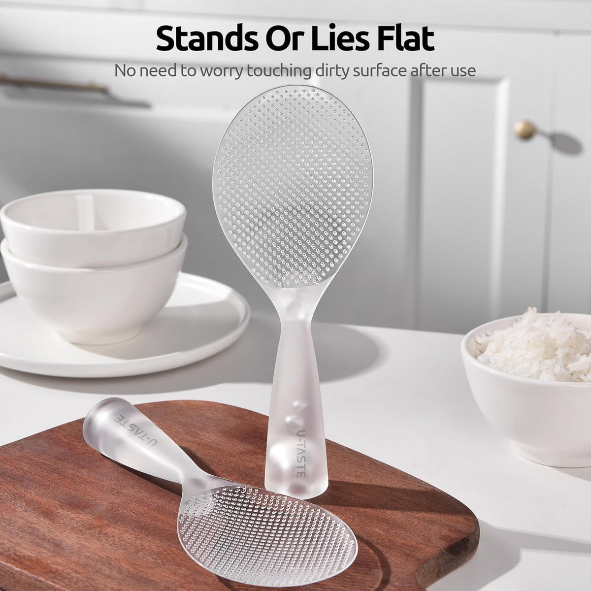 U-Taste Rice Spoon Paddle Scooper: 329°F Heat Resistant Food-Grade TPX Rice Spatula, Safe for Non-Stick Cookware, with Built-In Stand (Transparent)
