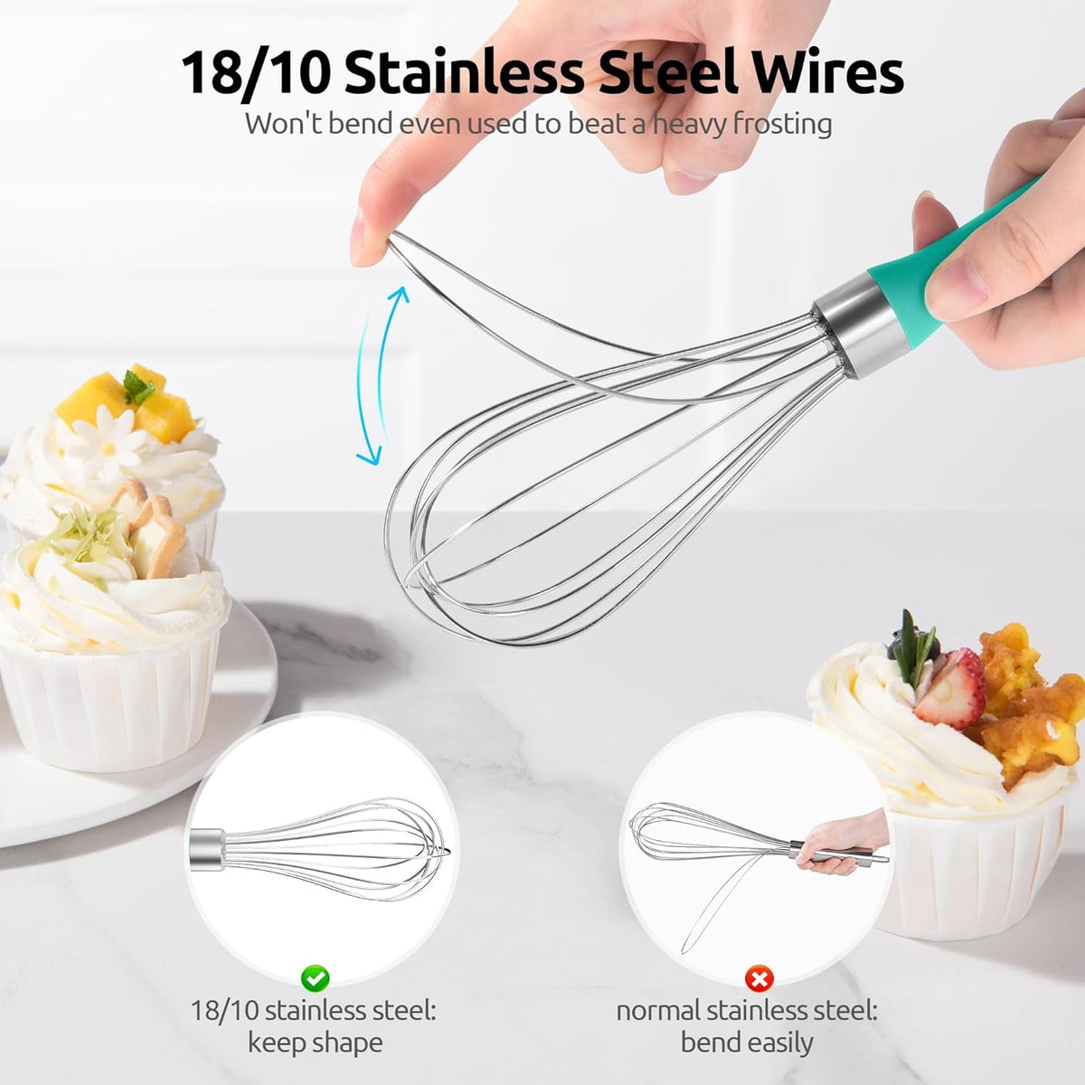 U-Taste Kitchen Wire Whisk for Cooking, 18/10 Stainless Steel Egg Beater with 6 Wires, Baking Tool for Whisking Mixing Stirring, Small, Aqua Sky