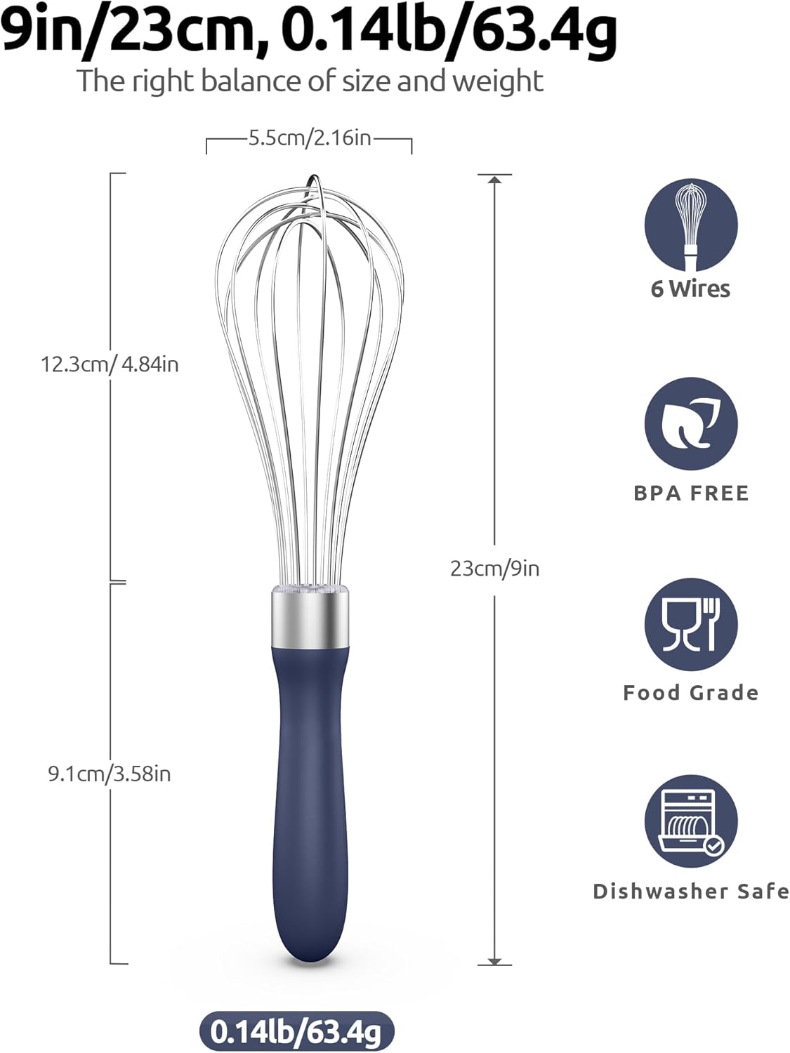 U-Taste Kitchen Wire Whisk for Cooking, 18/10 Stainless Steel Egg Beater with 6 Wires, Baking Tool for Whisking Mixing Stirring, Small, Midnight Blue