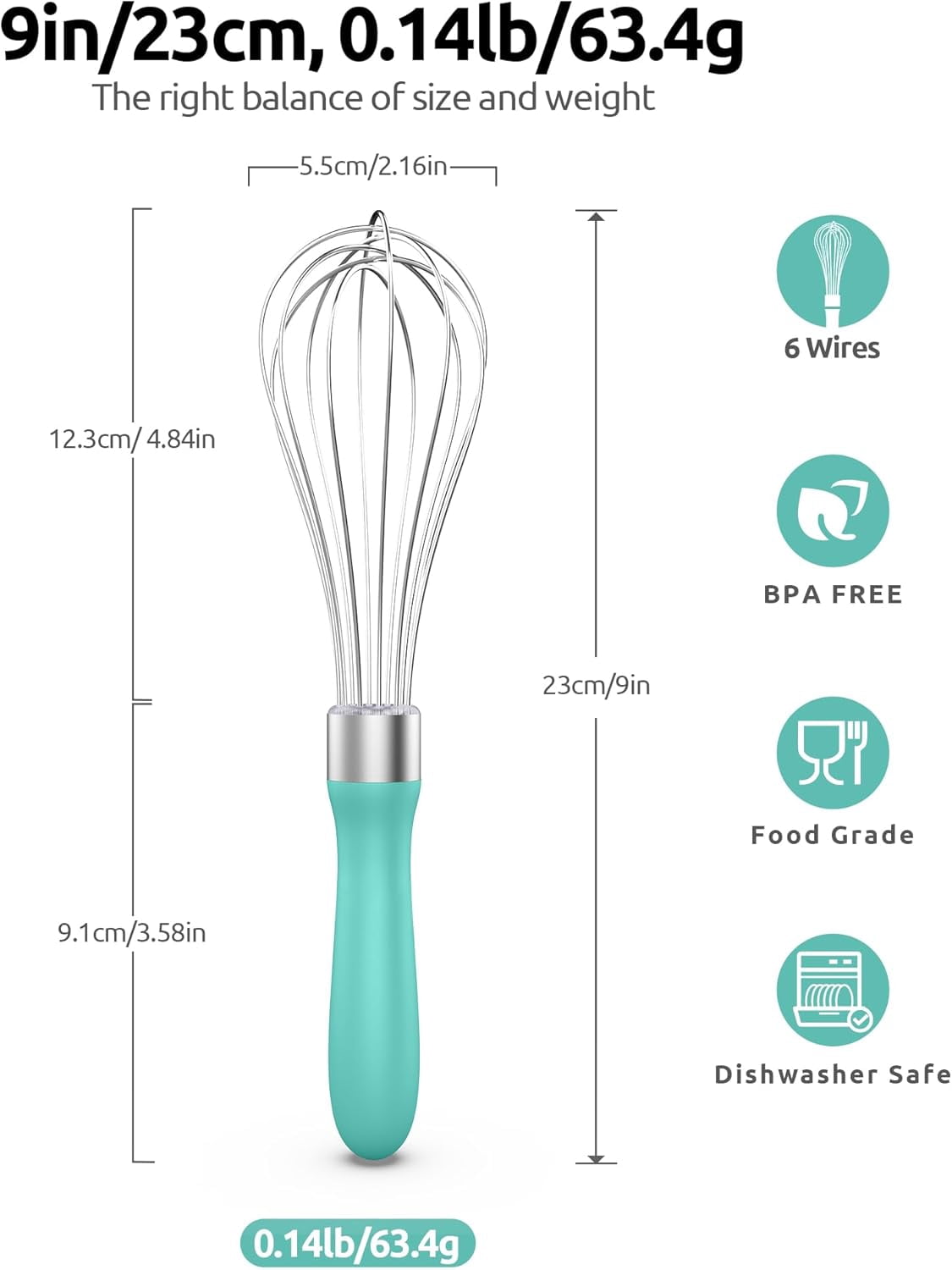 U-Taste Kitchen Wire Whisk for Cooking, 18/10 Stainless Steel Egg Beater with 6 Wires, Baking Tool for Whisking Mixing Stirring, Small, Aqua Sky