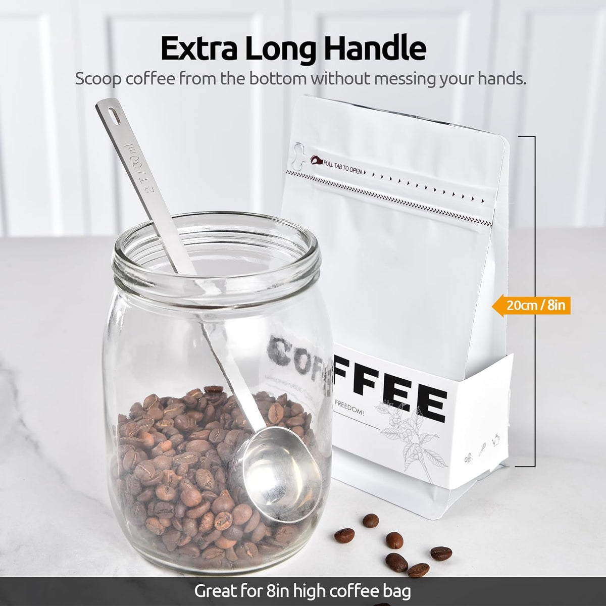 U-Taste Coffee Scoop 2 Tablespoon: 18/8 Stainless Steel Measuring Scooper for Ground Coffee Bean Espresso, 6.9in Extra Long Handle Metal Meaure Spoon