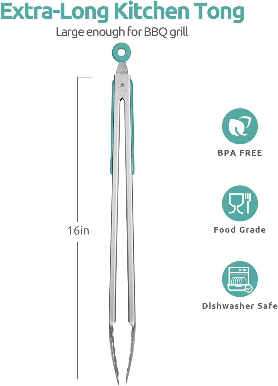 U-Taste 18/8 Stainless Steel Kitchen Tong for Cooking, Extra Long Large Food Tong for Outdoor BBQ Grilling, Non Slip Silicone Handle, 16in, Aqua Sky