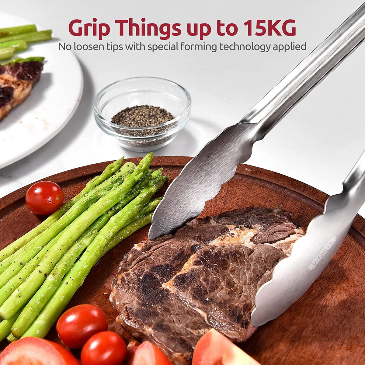 U-Taste 18/8 Stainless Steel Kitchen Tong for Cooking, Metal Tong Utensils Set for Food Serving, Rubber Salad/Grill/BBQ Tongs, 7/9/12in, Red