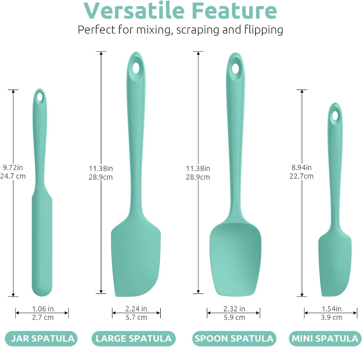 U-Taste Silicone Spatula Set of 4, 480°F Heat Resistant Kitchen Cooking Utensils Baking Supplies, Food Grade Seamless Rubber Scraper, Aqua Sky