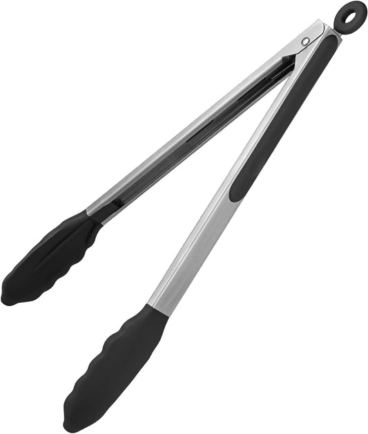 U-Taste Kitchen Tong for Cooking, 600ºF Heat-Resistant Non Stick Silicone Tips, Long Large Rubber Food Tong for Serving Grilling BBQ, 12in, Black