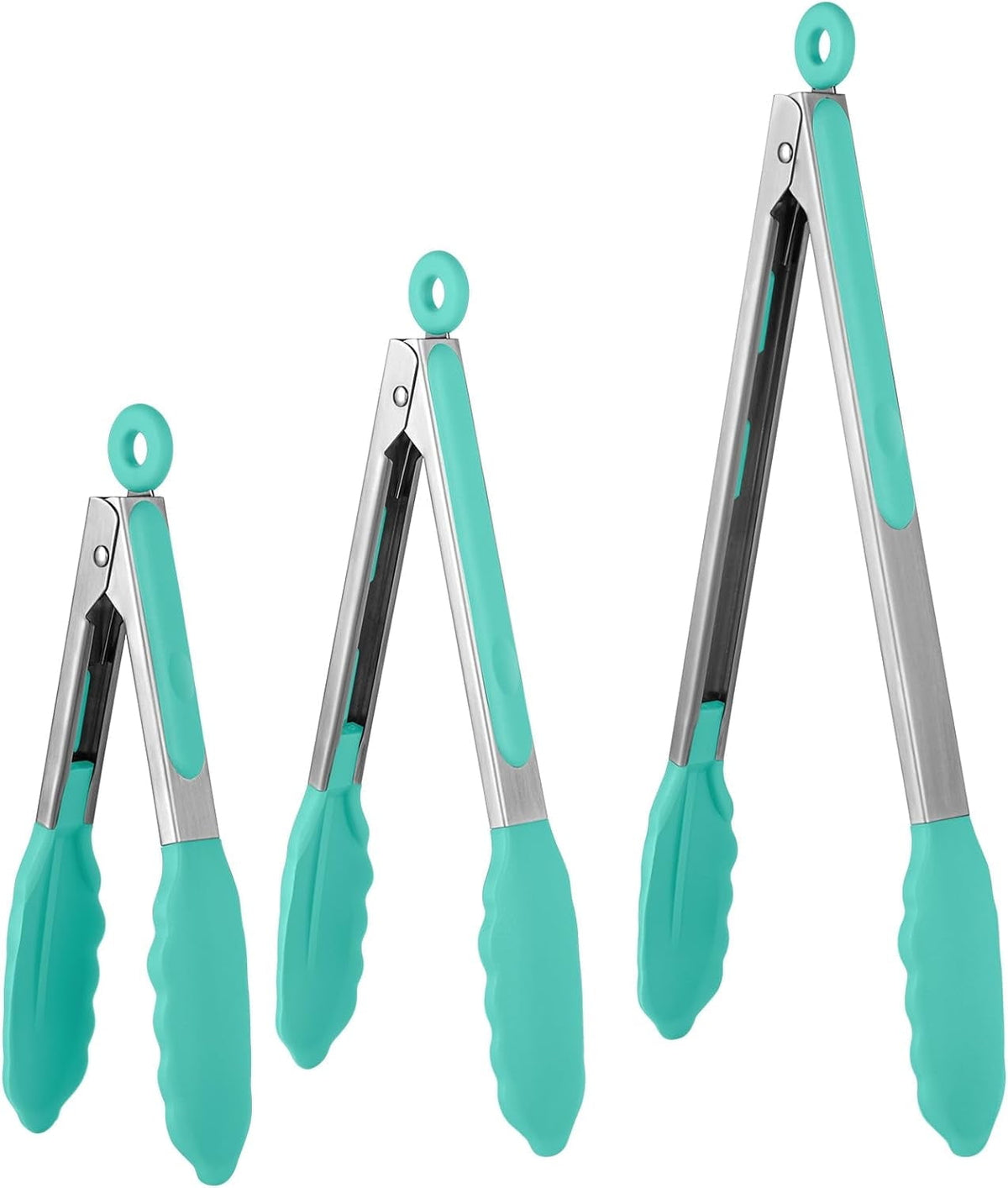 U-Taste 600ºF Heat-Resistant Kitchen Tongs for Cooking, Silicone Tong Utensils Set for Food Serving, Rubber Salad/Grill/BBQ Tongs, 7/9/12in, Aqua Sky