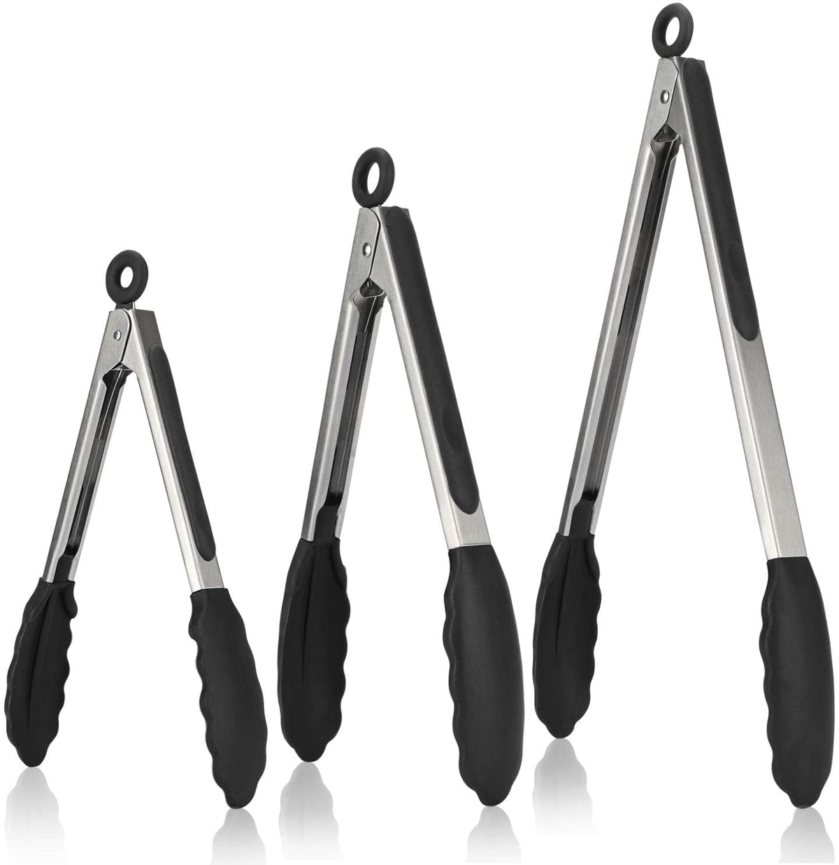 U-Taste 600ºF Heat-Resistant Kitchen Tongs for Cooking, Silicone Tong Utensils Set for Food Serving, Rubber Salad/Grill/BBQ Tongs, 7/9/12in, Black