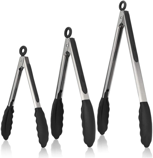 U-Taste 600ºF Heat-Resistant Kitchen Tongs for Cooking, Silicone Tong Utensils Set for Food Serving, Rubber Salad/Grill/BBQ Tongs, 7/9/12in, Black