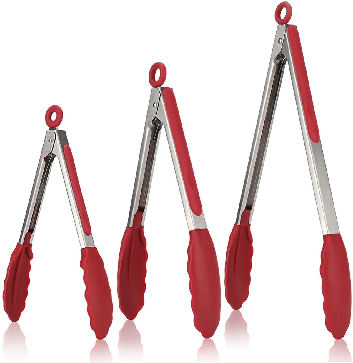 U-Taste 600ºF Heat-Resistant Kitchen Tongs for Cooking, Silicone Tong Utensils Set for Food Serving, Rubber Salad/Grill/BBQ Tongs, 7/9/12in, Red