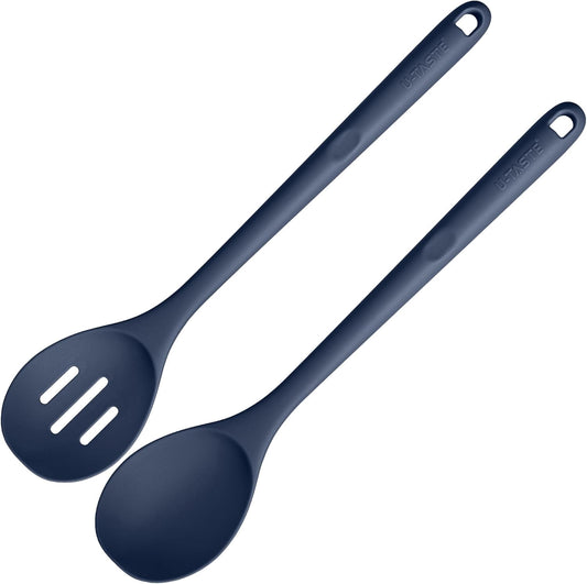 U-Taste 600°F Heat Resistant Silicone Spoons Set of 2, 13.3in Long Large Cooking Spoon, Kitchen Utensil for Mixing/Stirring/Serving, Midnight Blue