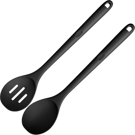 U-Taste 600°F Heat Resistant Silicone Spoons Set of 2, 13.3in Long Large Cooking Spoon, Rubber Kitchen Utensil for Mixing/Stirring/Serving, Black