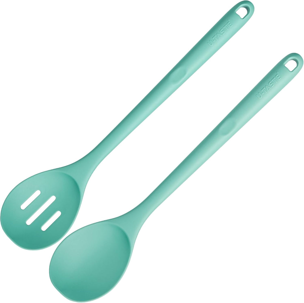 U-Taste 600°F Heat Resistant Silicone Spoons Set of 2, 13.3in Long Large Cooking Spoon, Rubber Kitchen Utensil for Mixing/Stirring/Serving, Aqua Sky