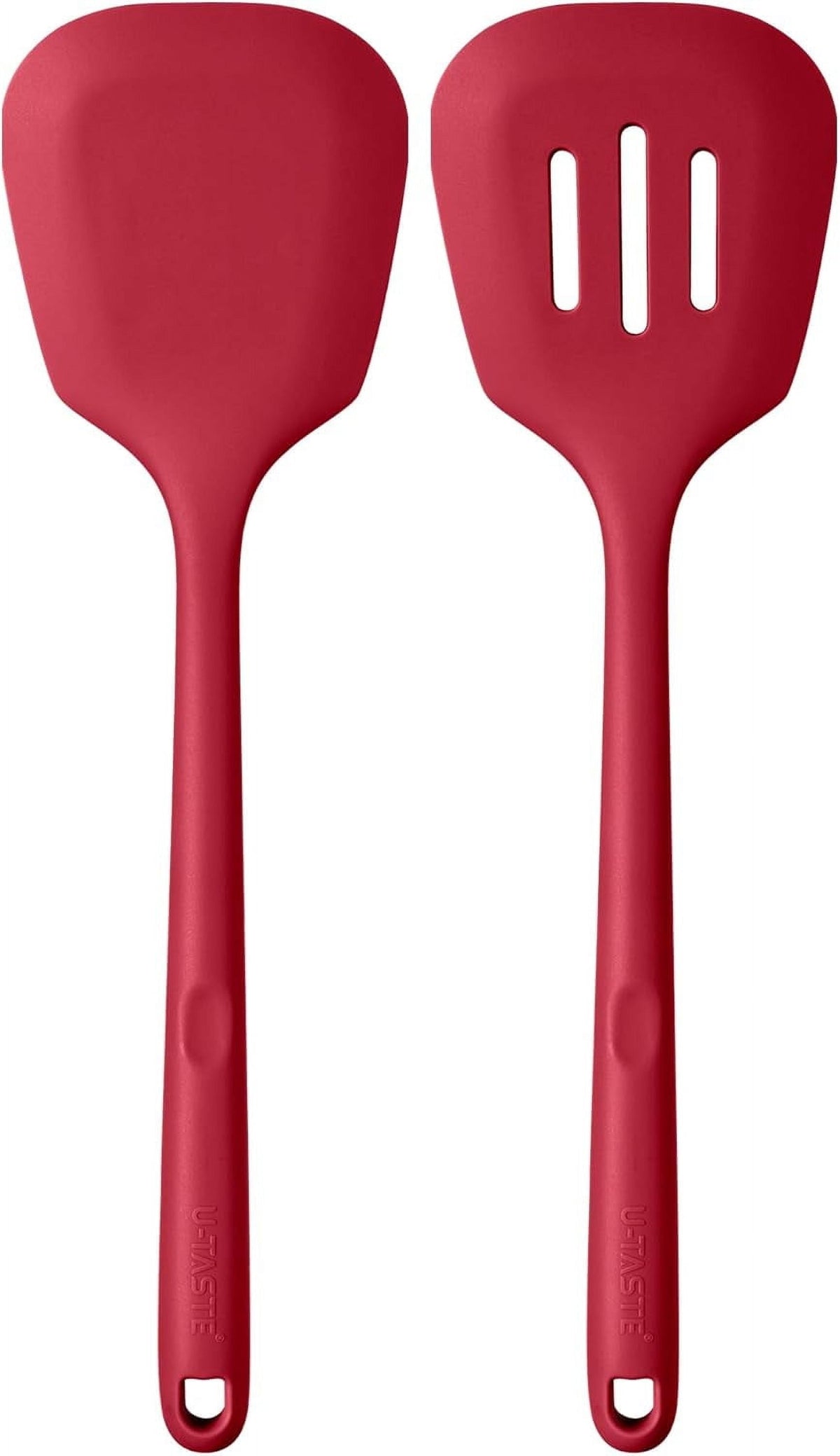 600°F Heat Resistant Silicone Turners: U-Taste 13.6in Long Solid & Slotted Kitchen Spatula Flipper, Food Grade Flexible Cooking Utensil for Flipping Egg, Pancake in Nonstick Cookware (Red, 2PCS)