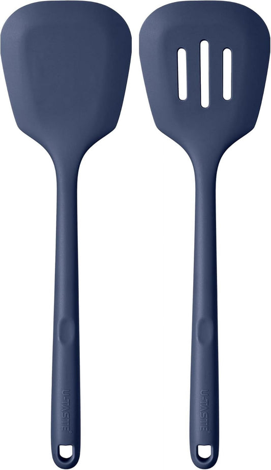 U-Taste 600°F Heat Resistant Silicone Turner Spatula Set of 2, Kitchen Cooking Utensils for Flipping Egg Pancake, 13.6" Long/3.7" Wide, Midnight Blue