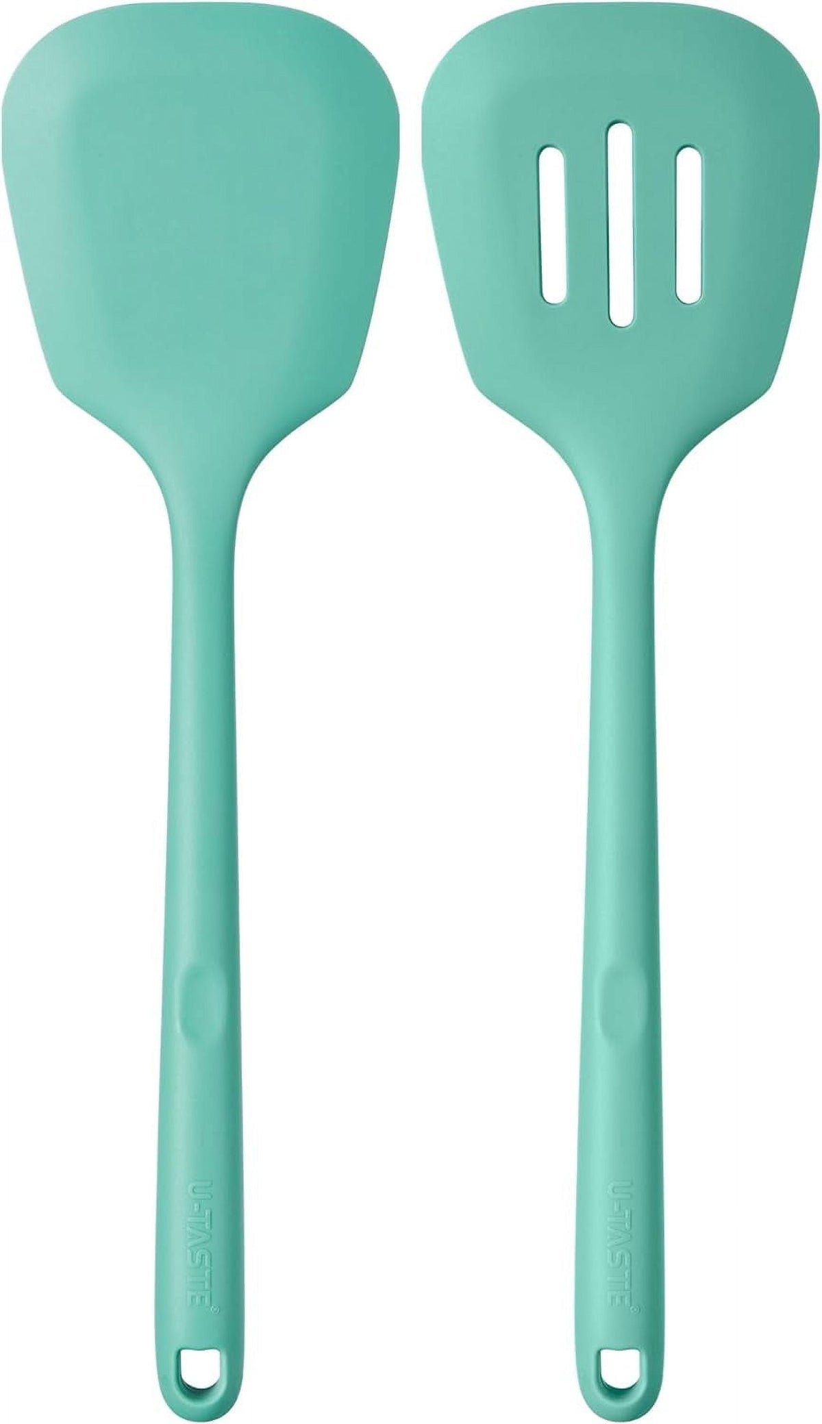U-Taste 600°F Heat Resistant Silicone Turner Spatula Set of 2, Kitchen Cooking Utensils Set for Flipping Egg Pancake, 13.6" Long/3.7" Wide, Aqua Sky