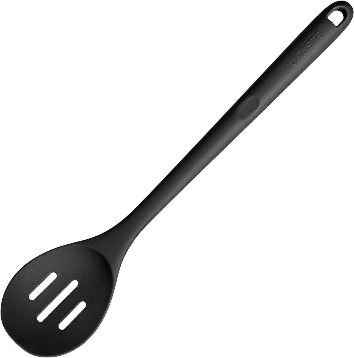 U-Taste 600°F Heat Resistant Silicone Slotted Spoon, 13.3in Long Large Cooking Spoon, Rubber Kitchen Utensil for Mixing/Stirring/Basting, Black