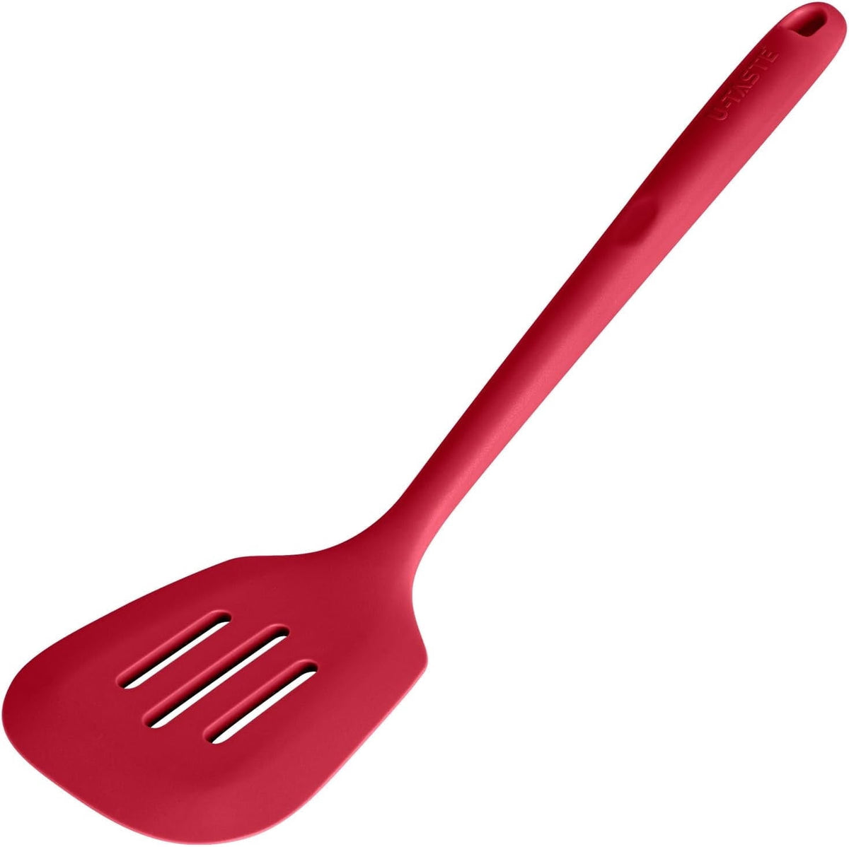 600°F Heat Resistant Slotted Turner: U-Taste 13.6in Silicone Kitchen Spatula Flipper, 3.85in Wide BPA Free Flexible Thin Rubber Cooking Utensil for Egg, Pancake, Cookie in Nonstick Cookware (Red)